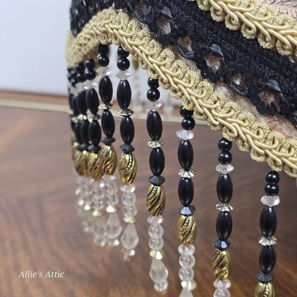Victorian‎ Style Lamp Shade Beaded Tassels Black Pink Gold Floral Flowers 13x7